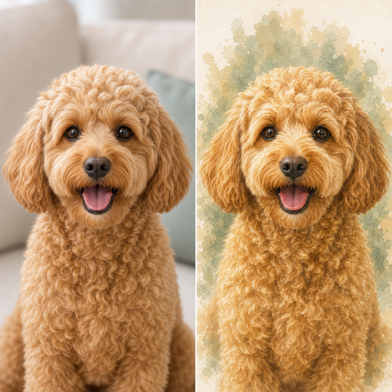 Custom pet portrait from photo, before and after proof comparison, made in USA