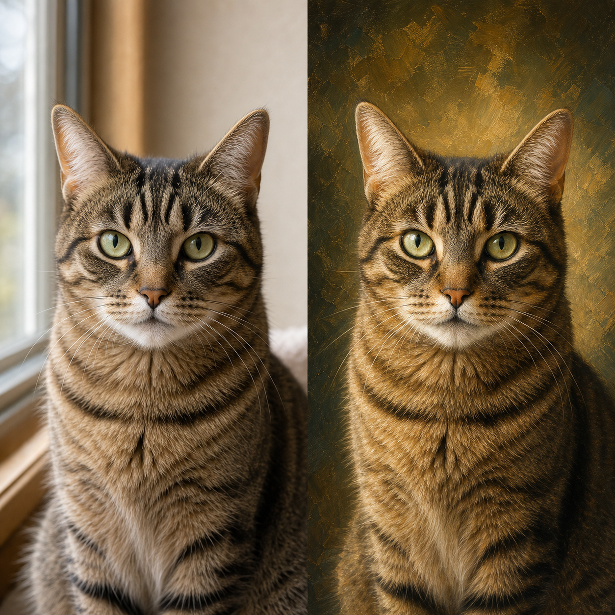 Custom pet portrait from photo, before and after proof comparison, made in USA