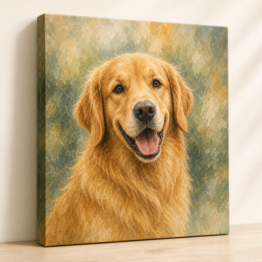 Custom pet portrait from photo, wrapped canvas with side edge, made in USA