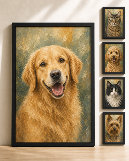 Custom pet memorial portrait printed full-bleed in a black frame with sample pet portraits
