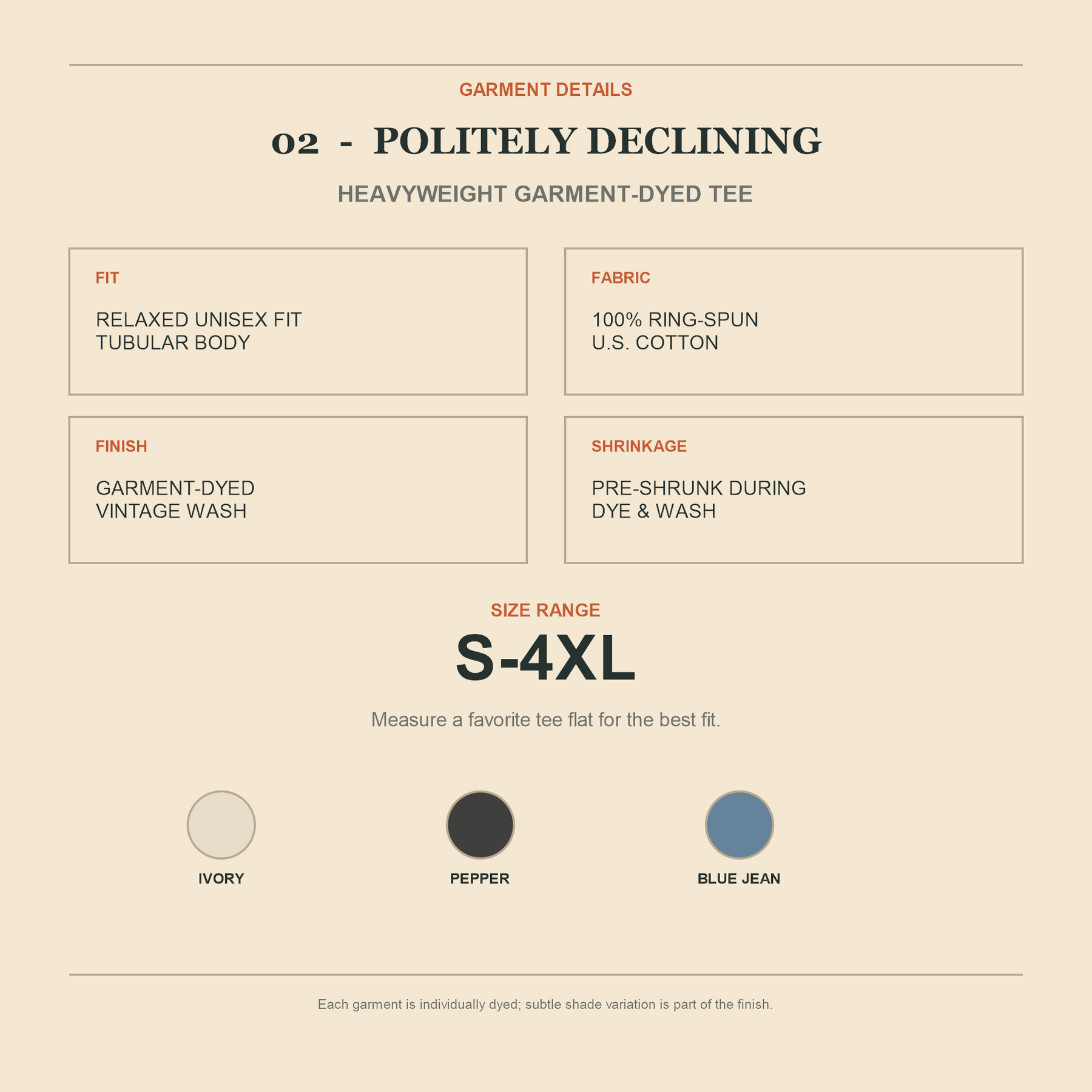 Politely Declining - fit, size, and material guide