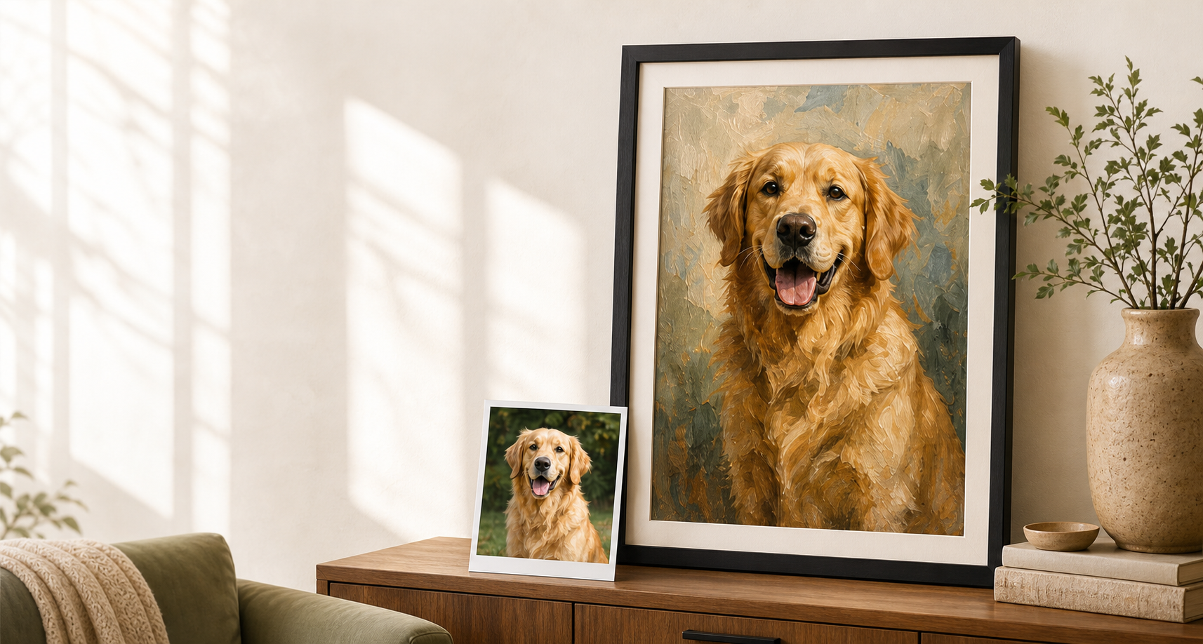 Framed golden retriever portrait in a warm living room with the original photo nearby