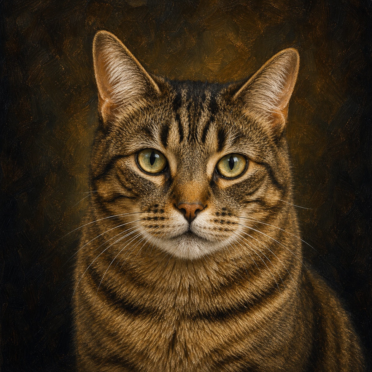 Finished oil painting portrait of the same cat