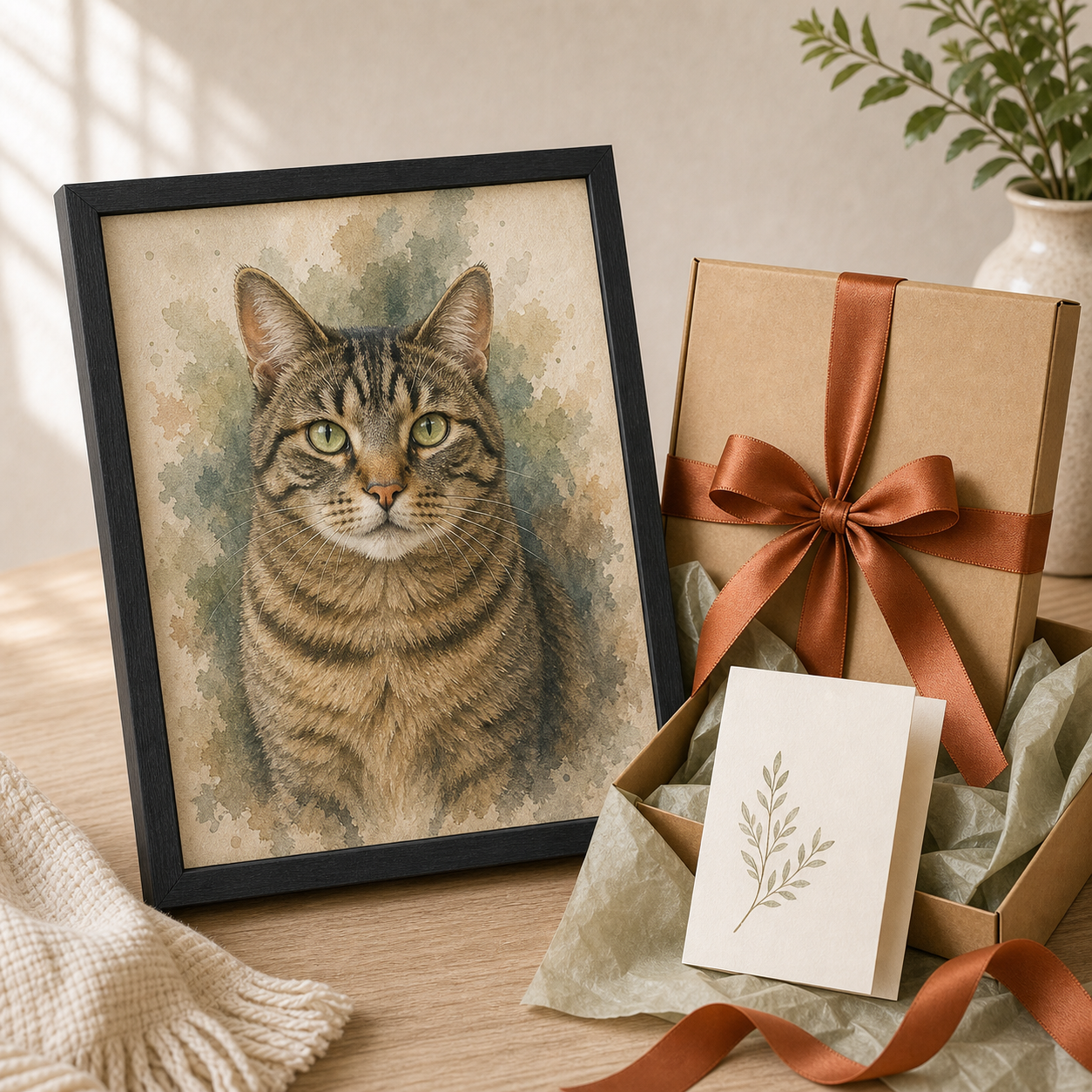 Custom pet portrait from photo, gift-ready black framed portrait, made in USA