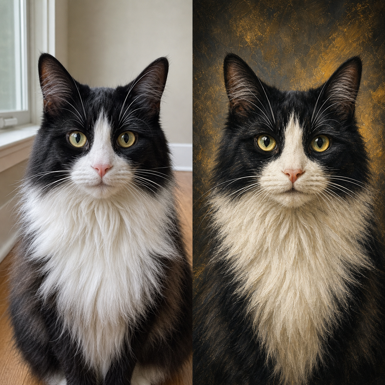 Custom pet portrait from photo, before and after proof comparison, made in USA