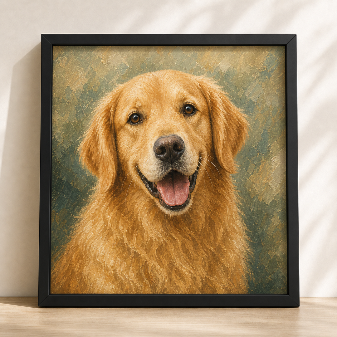 Custom pet portrait from photo, black frame with full image, made in USA