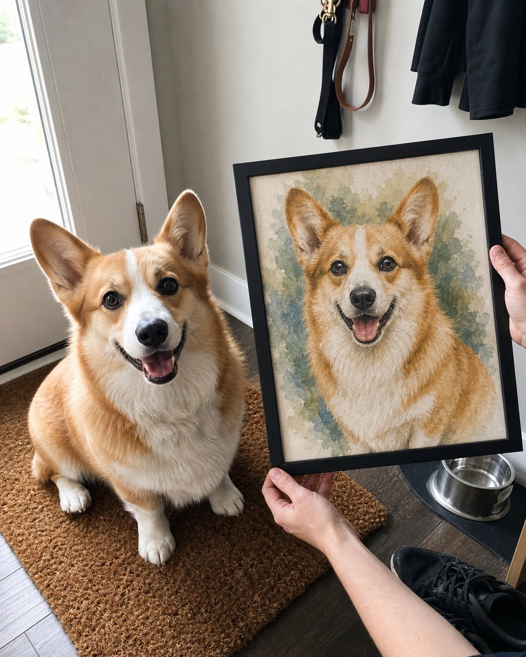 Styled example of a corgi beside a framed custom pet portrait in an entryway