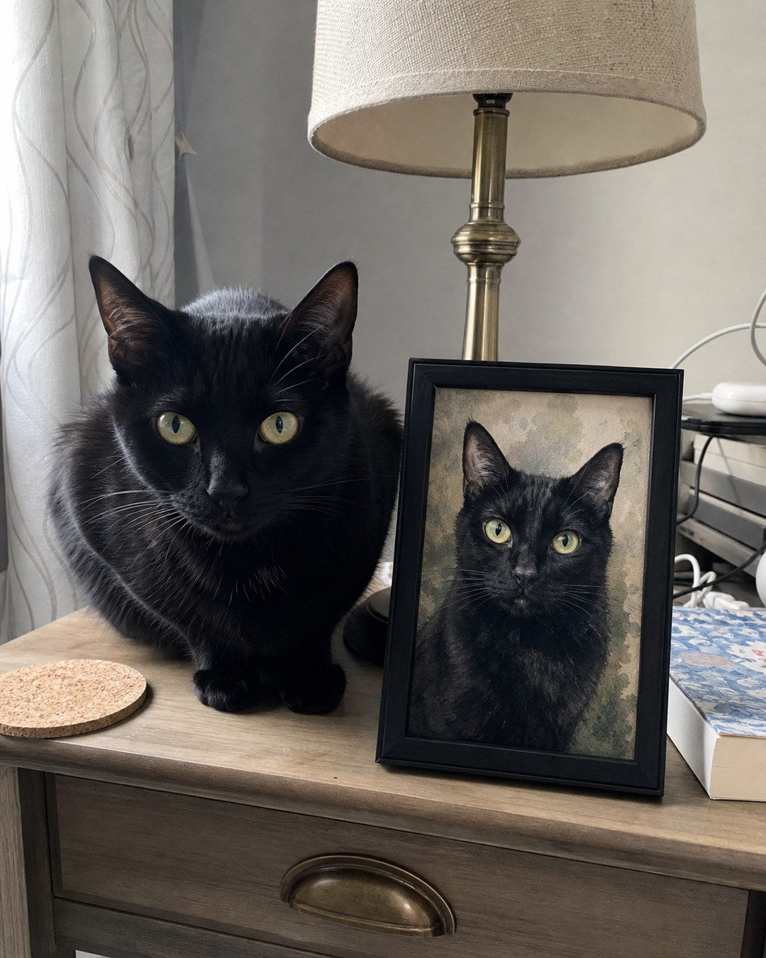 Styled example of a black cat beside a small framed custom portrait