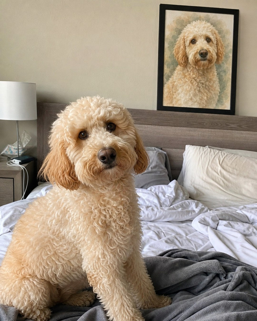 Styled example of a doodle portrait displayed above a bedroom headboard