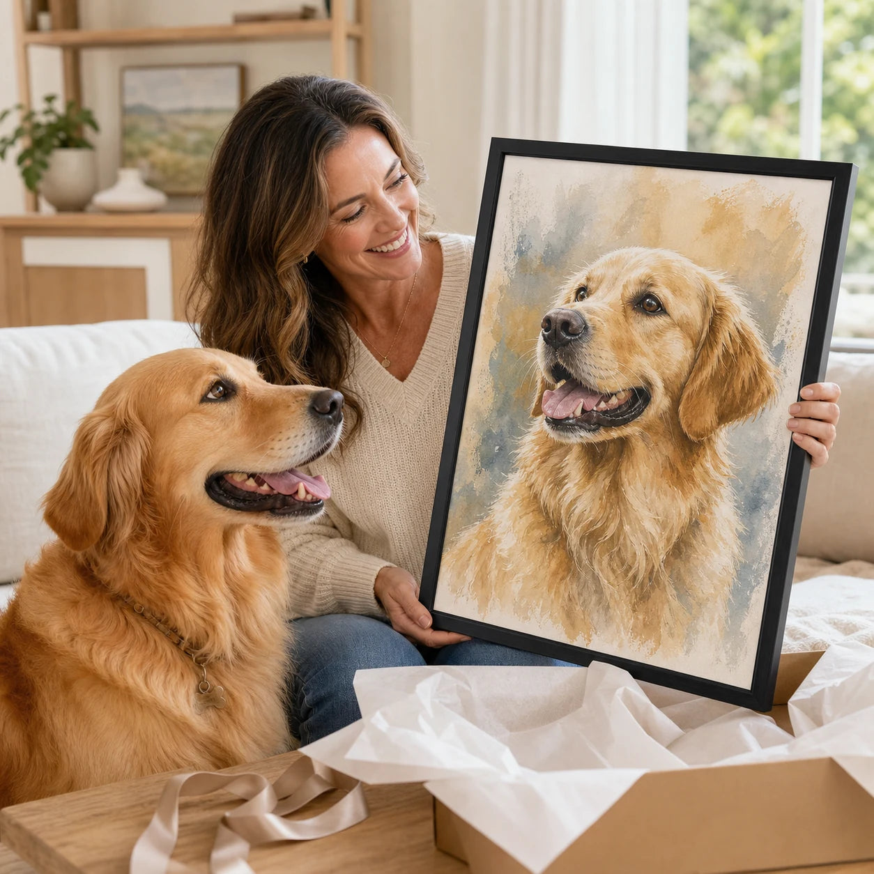 Smiling pet owner holding a painterly golden retriever portrait beside her dog
