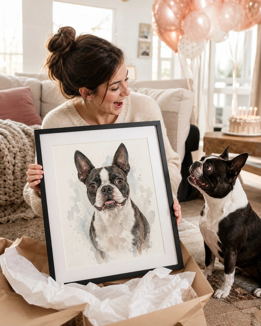 Happy dog owner opening a watercolor pet portrait birthday gift