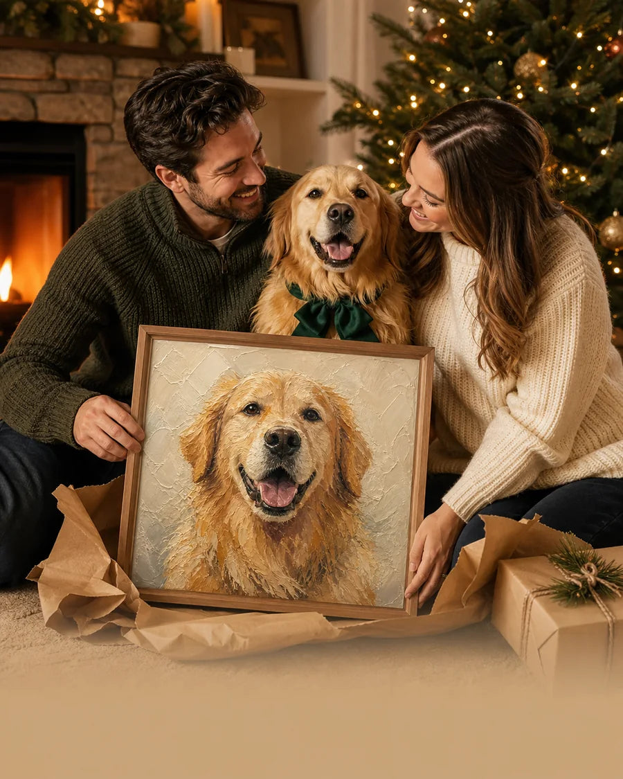 Couple and golden retriever enjoying a custom portrait holiday gift