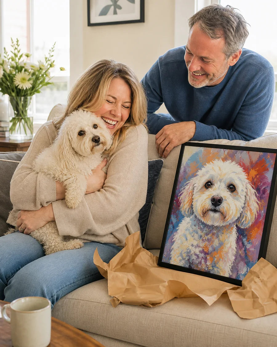Happy couple and dog enjoying a just because custom portrait gift