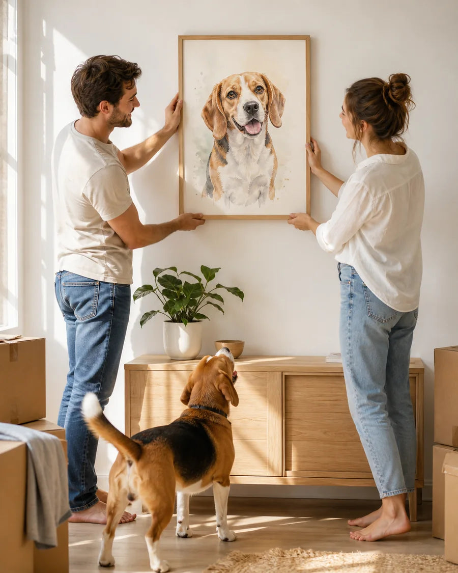 Couple hanging a beagle portrait in their bright new home