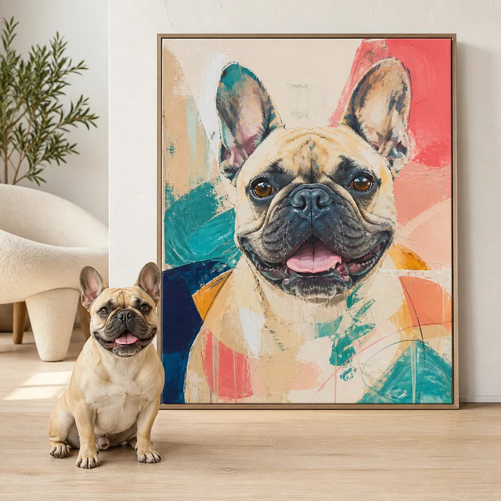 French bulldog beside its colorful abstract portrait