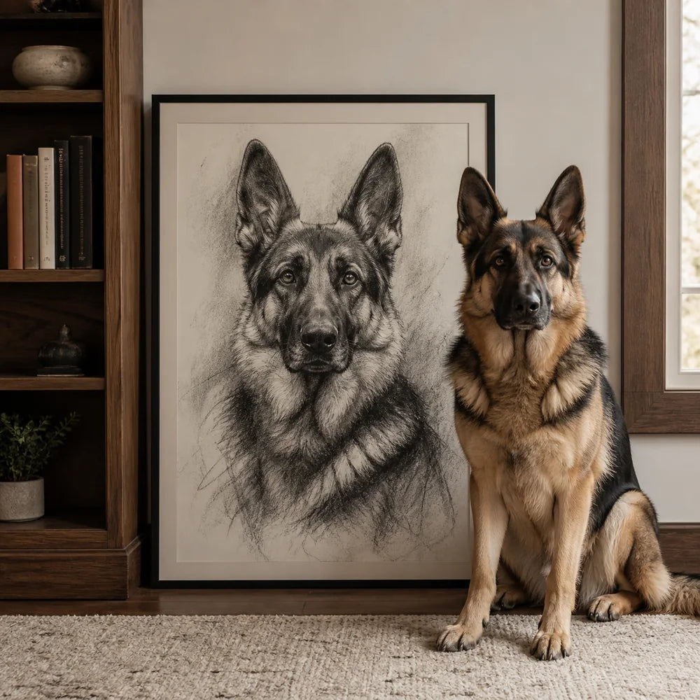 German shepherd beside its hand-drawn charcoal portrait