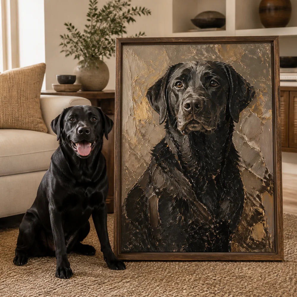 Black Labrador beside its textured palette knife portrait