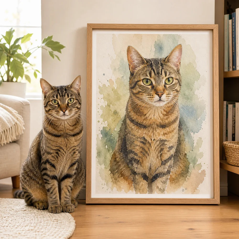 Tabby cat beside its luminous custom watercolor portrait