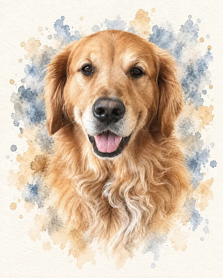 Watercolor illustration of the same golden retriever