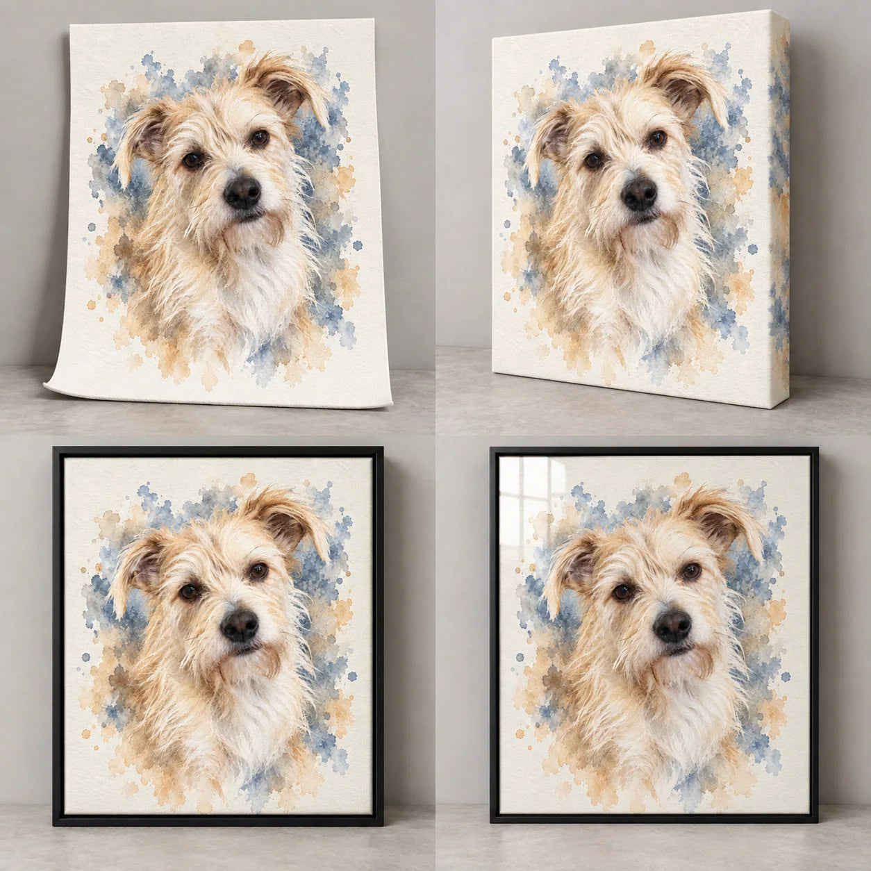 Illustrative rolled canvas mockup using the cream terrier watercolor portrait
