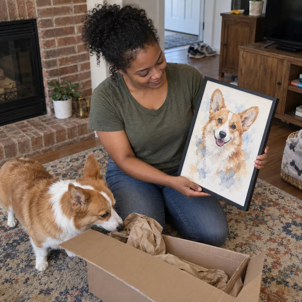 AI-created Corgi scene: The unwrapping moment. Watercolor portrait illustration, not a customer photo.
