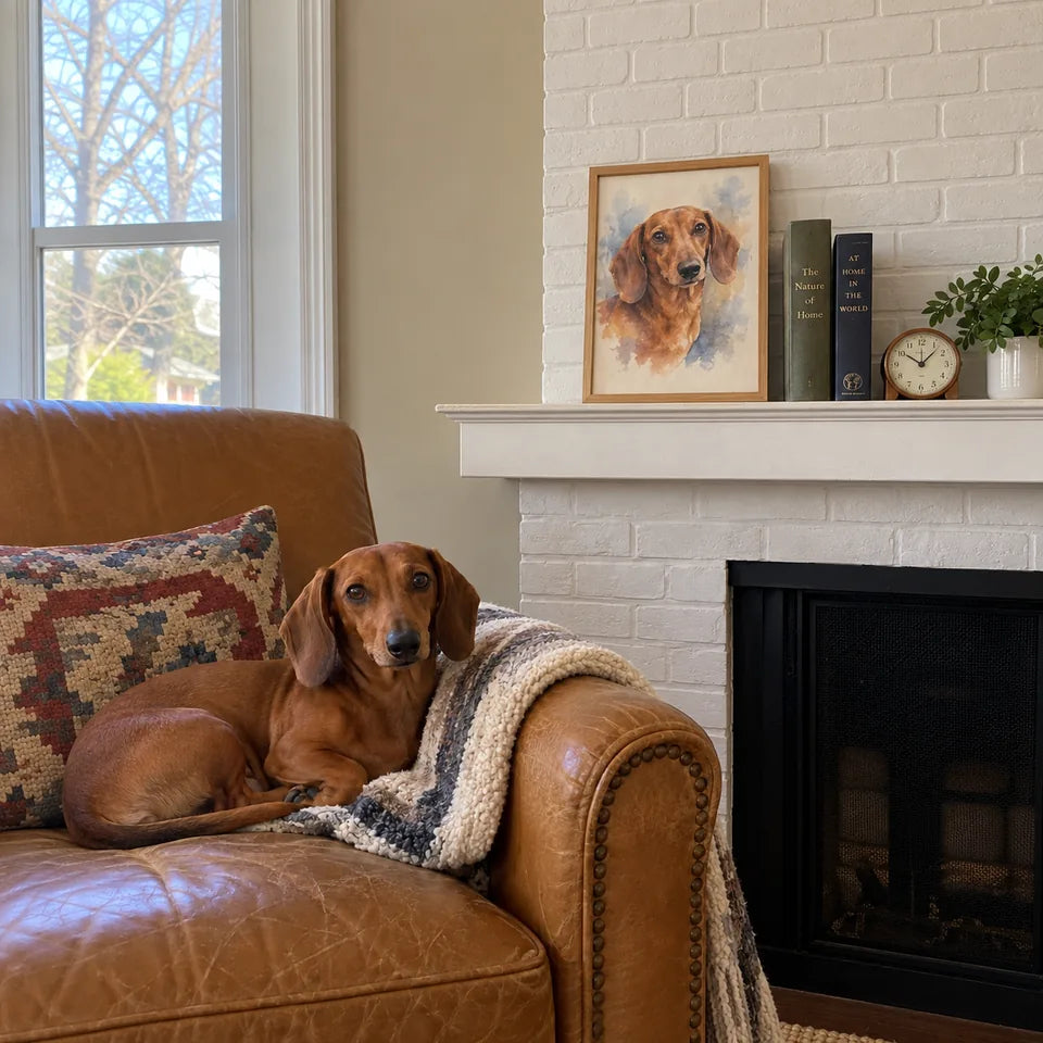 AI-created Dachshund scene: A sunny spot. Watercolor portrait illustration, not a customer photo.