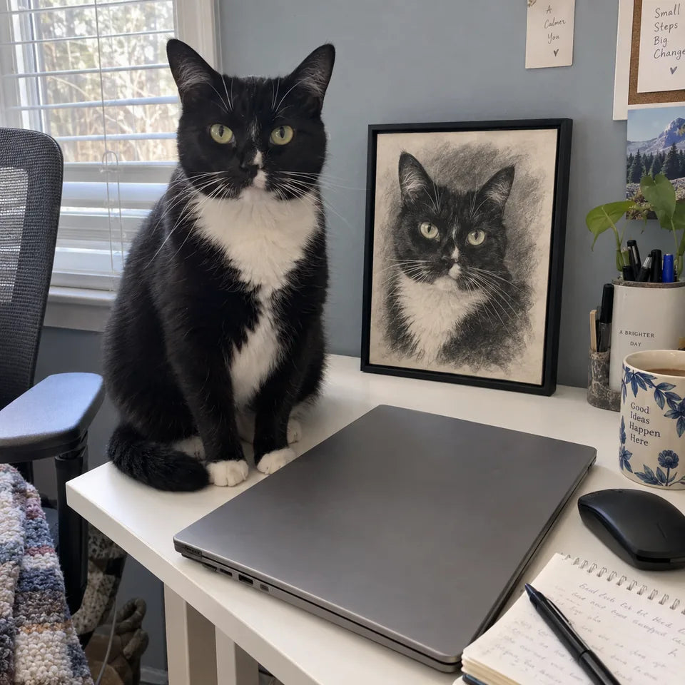 AI-created Tuxedo cat scene: Your workday companion. Charcoal portrait illustration, not a customer photo.