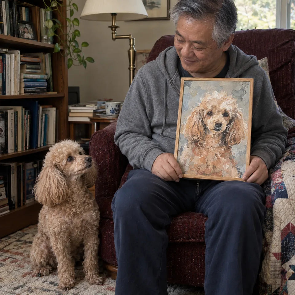 AI-created Poodle scene: Always by your side. Palette Knife portrait illustration, not a customer photo.