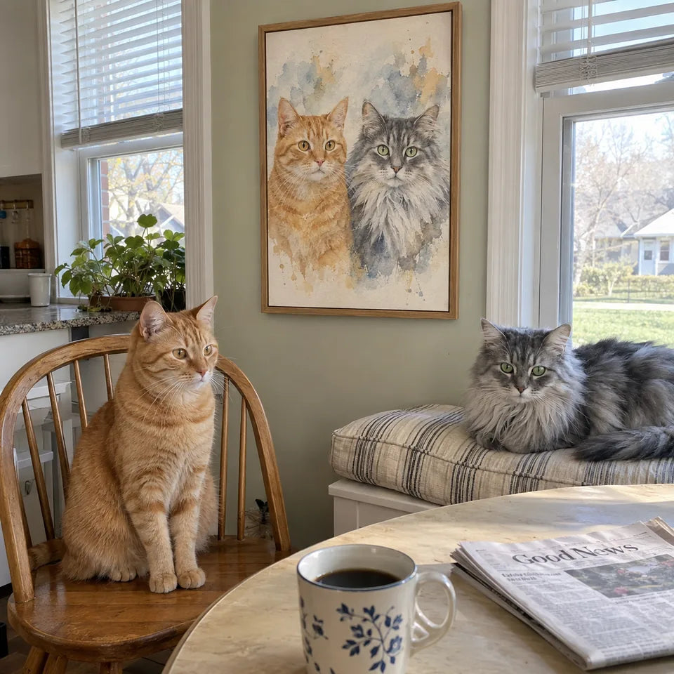 AI-created Two cats scene: Twice the company. Watercolor portrait illustration, not a customer photo.