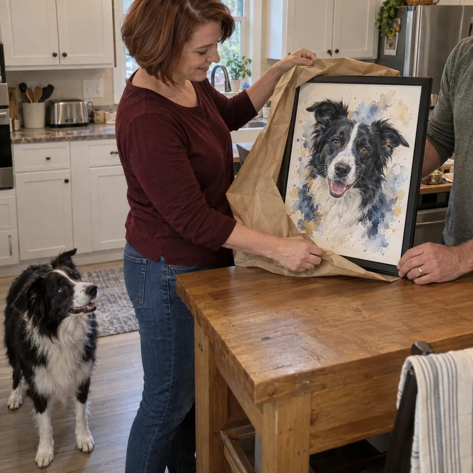AI-created Border collie scene: A new arrival. Watercolor portrait illustration, not a customer photo.