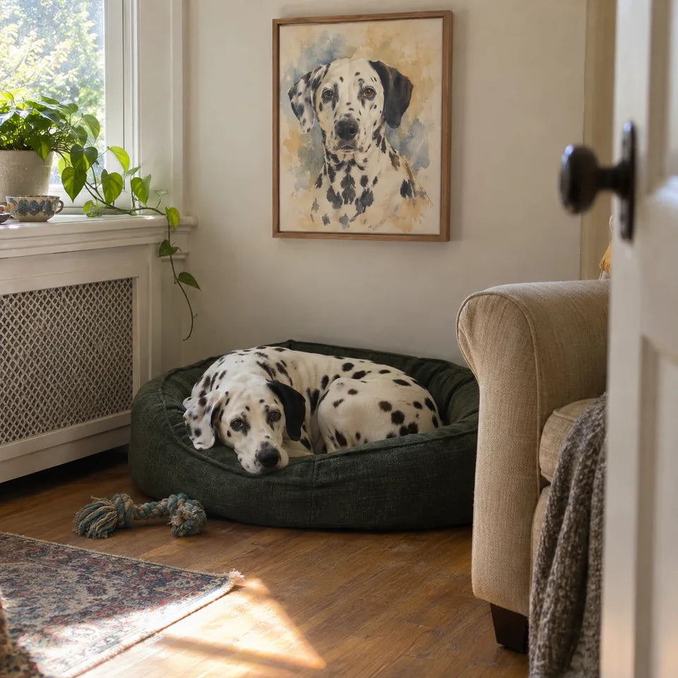 AI-created Dalmatian scene: Their favorite corner. Watercolor portrait illustration, not a customer photo.