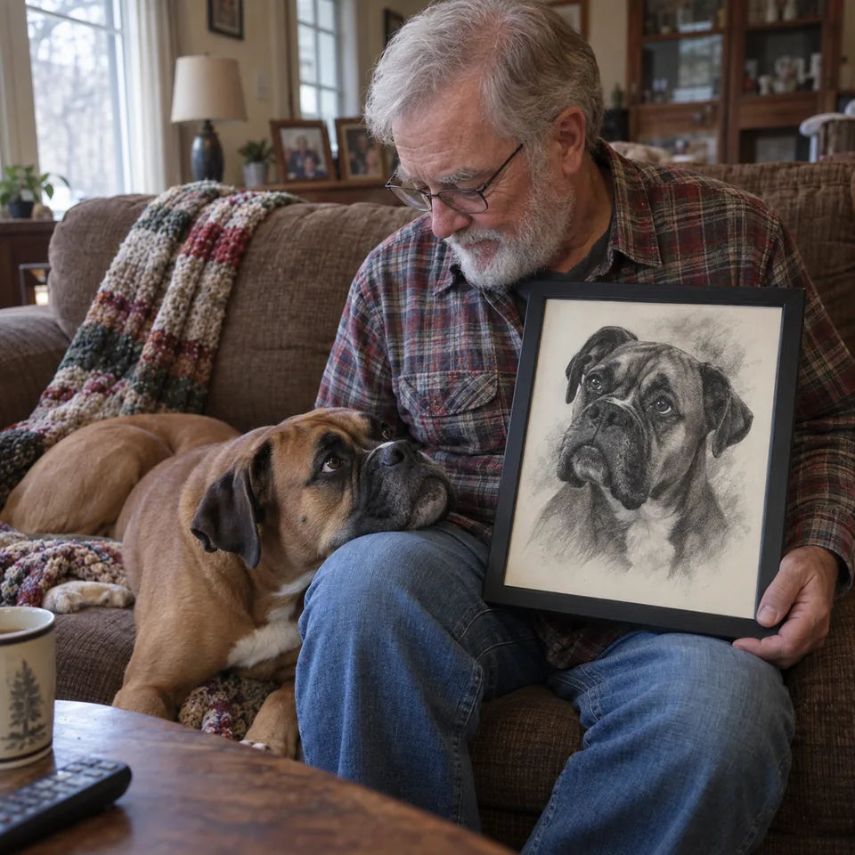 AI-created Boxer scene: A quiet afternoon. Charcoal portrait illustration, not a customer photo.