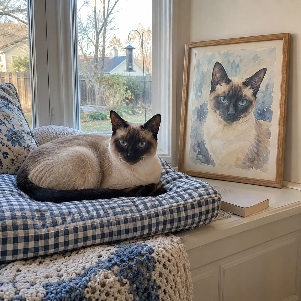 AI-created Siamese cat scene: Window-seat company. Watercolor portrait illustration, not a customer photo.
