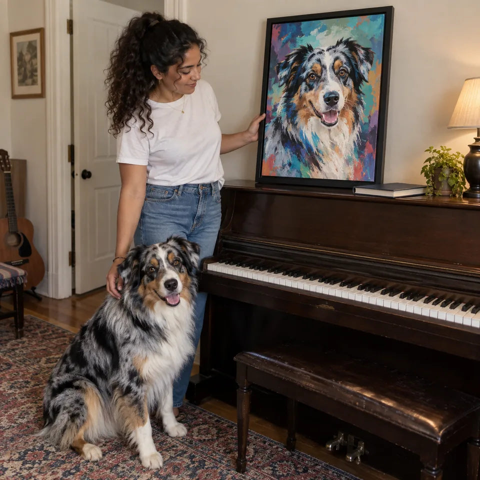AI-created Australian shepherd scene: A little more color. Abstract portrait illustration, not a customer photo.