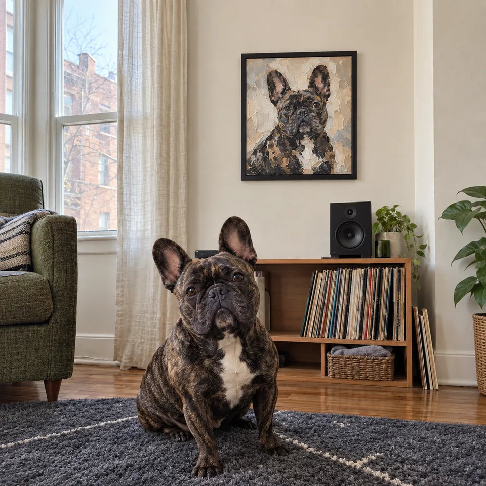 AI-created French bulldog scene: Small home. Big personality.. Palette Knife portrait illustration, not a customer photo.