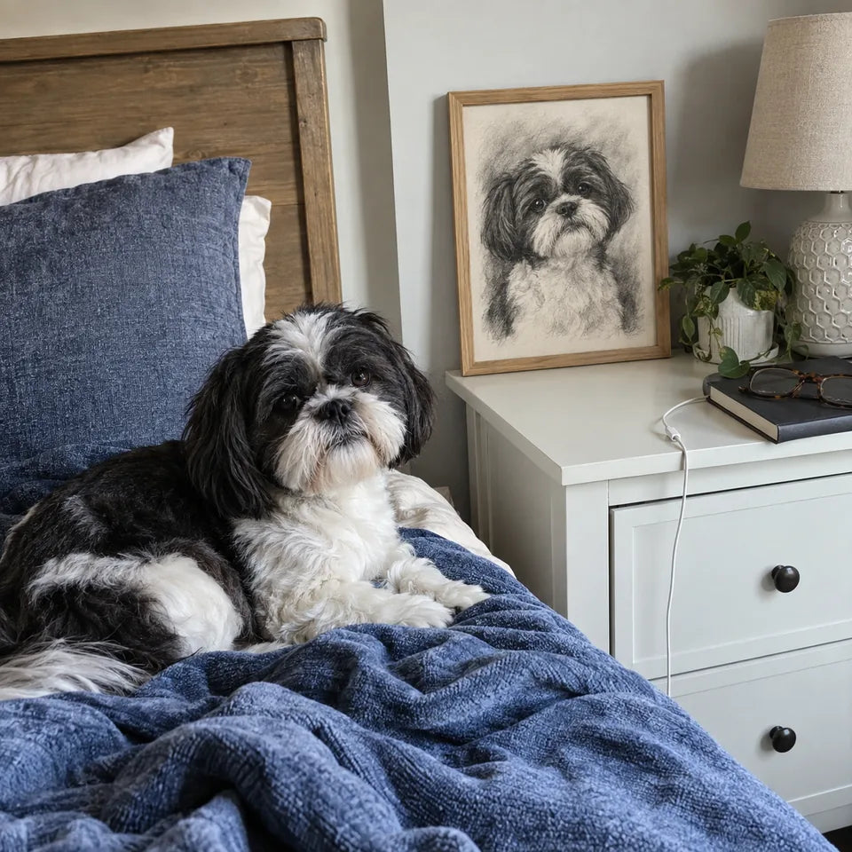 AI-created Shih tzu scene: A cozy little corner. Charcoal portrait illustration, not a customer photo.