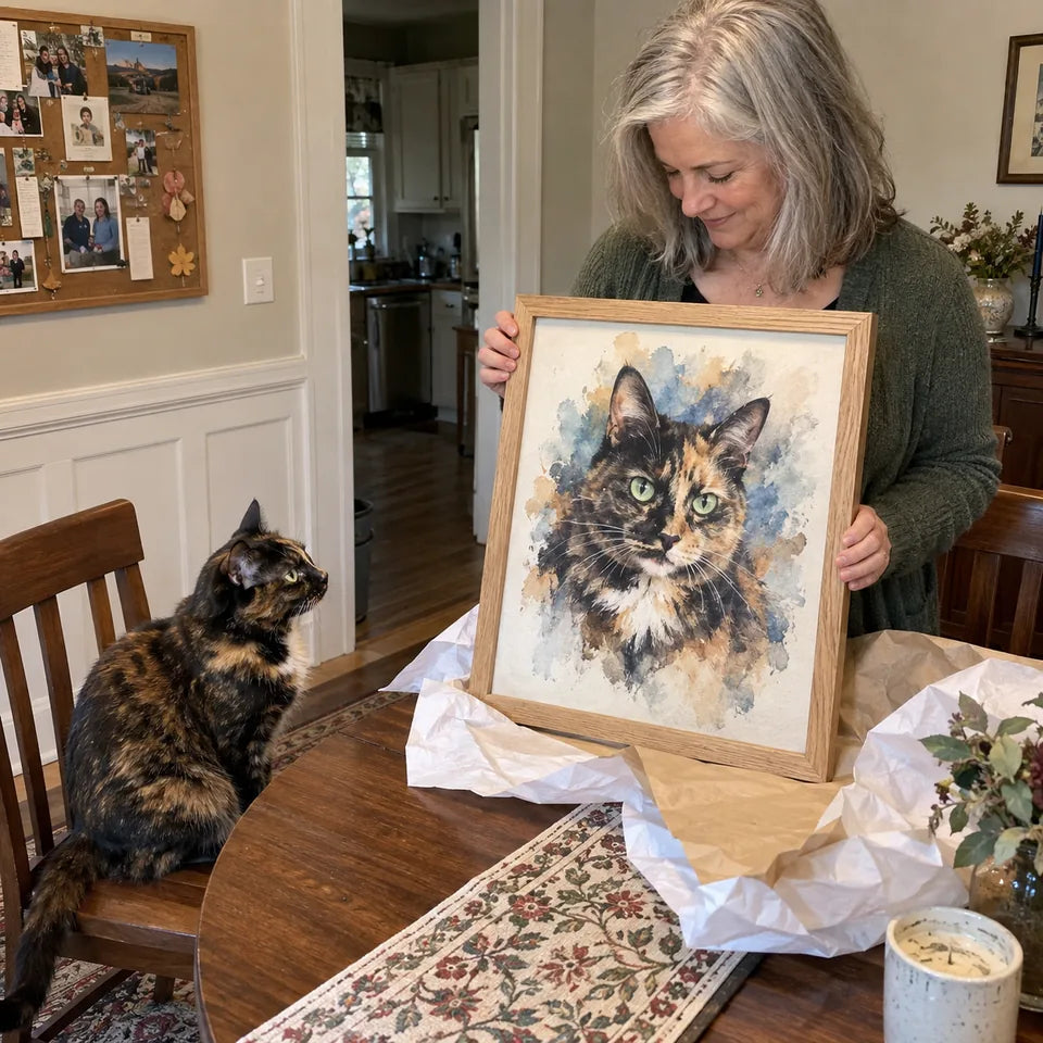 AI-created Tortoiseshell cat scene: A personal keepsake. Watercolor portrait illustration, not a customer photo.