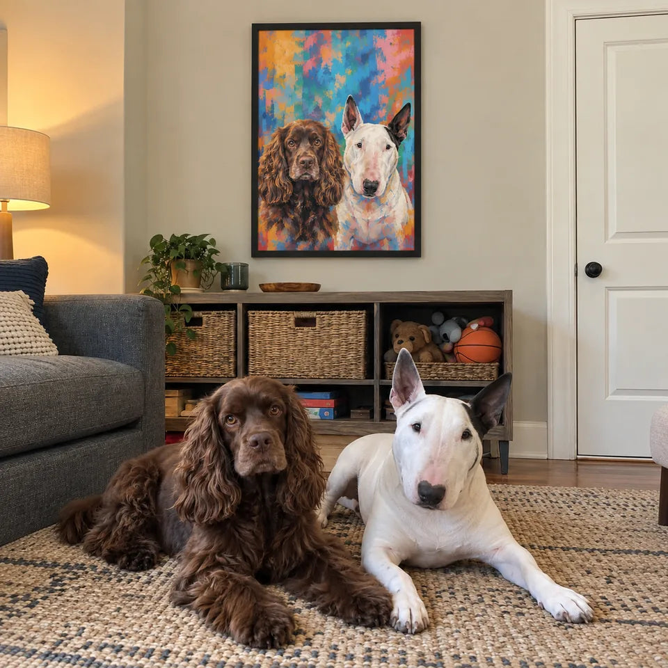 AI-created Two dogs scene: Two very good friends. Abstract portrait illustration, not a customer photo.